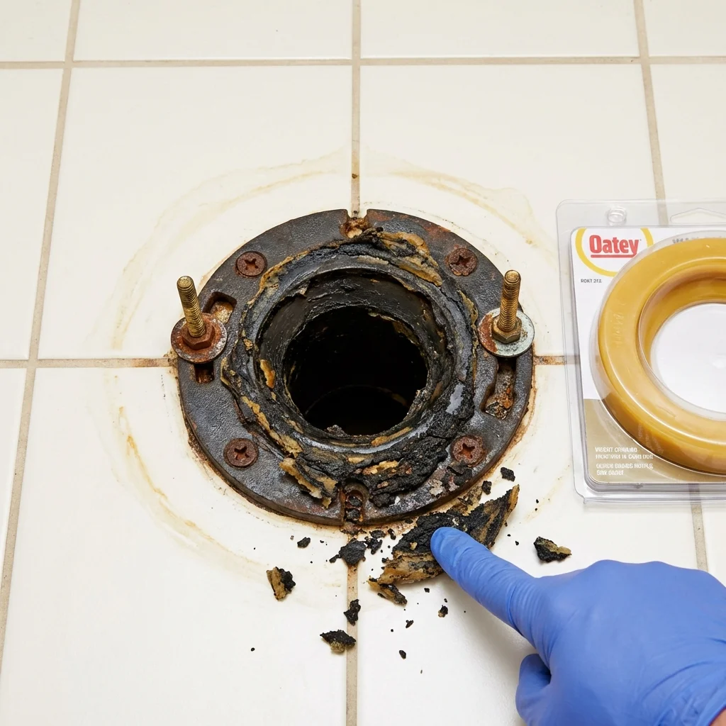 Failed wax ring showing water seepage at the base of a toilet in a Clarksville, TX home
