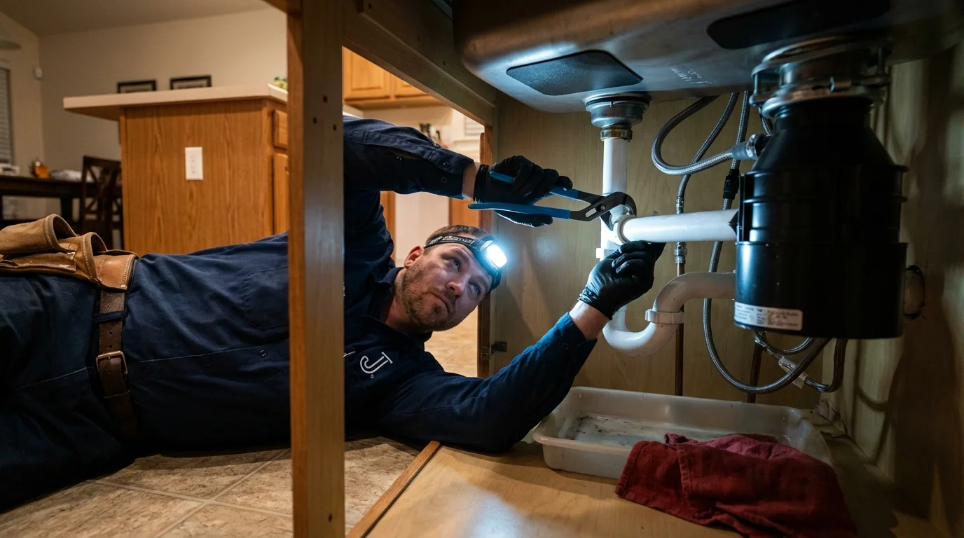 P-trap and supply line connections under a kitchen sink showing a common leak point in Clarksville, TX